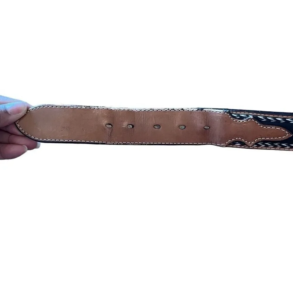 Nocona Mens Leather Belt 40 Horsehair Scalloped Western Cowboy Silver Conchos